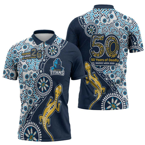 Gold Coast Titans NAIDOC Week 2026 Zipper Polo Shirt Aboriginal Lizard Dot Painting - 50 Years of Deadly