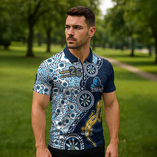Gold Coast Titans NAIDOC Week 2026 Zipper Polo Shirt Aboriginal Lizard Dot Painting - 50 Years of Deadly