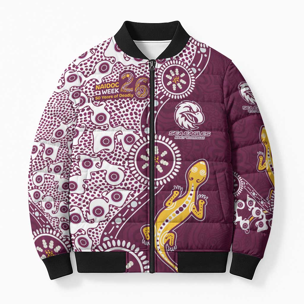 Manly Warringah Sea Eagles NAIDOC Week 2026 Bomber Puffer Jacket Aboriginal Lizard Dot Painting - 50 Years of Deadly