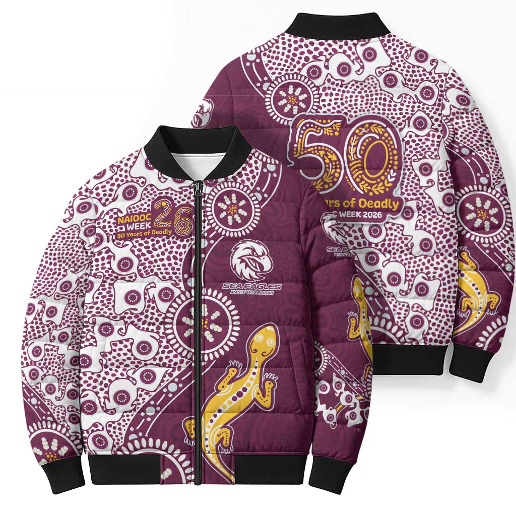 Manly Warringah Sea Eagles NAIDOC Week 2026 Bomber Puffer Jacket Aboriginal Lizard Dot Painting - 50 Years of Deadly