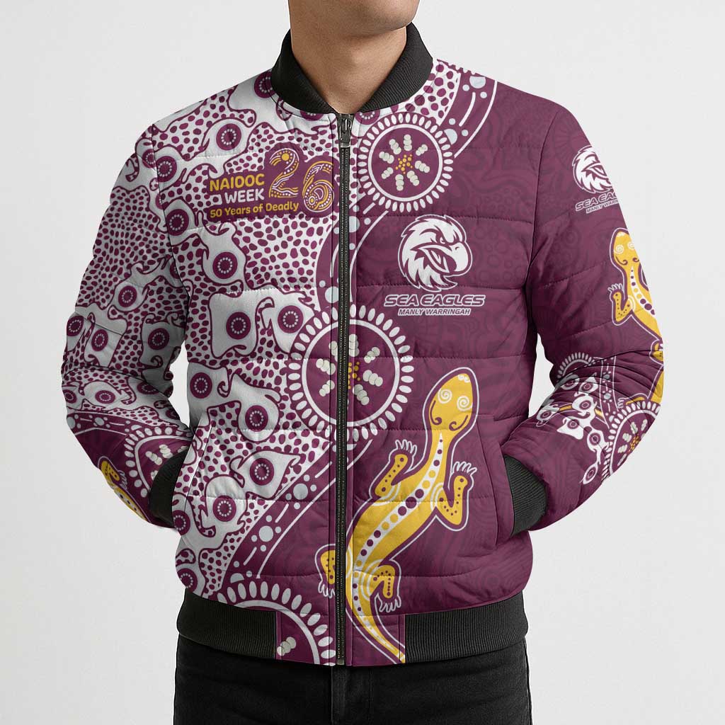 Manly Warringah Sea Eagles NAIDOC Week 2026 Bomber Puffer Jacket Aboriginal Lizard Dot Painting - 50 Years of Deadly