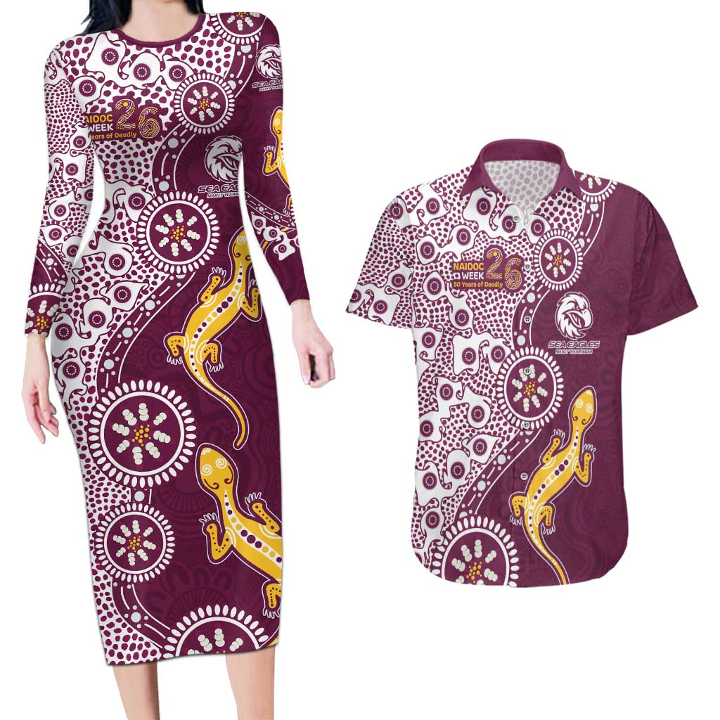 Manly Warringah Sea Eagles NAIDOC Week 2026 Couples Matching Long Sleeve Bodycon Dress and Hawaiian Shirt Aboriginal Lizard Dot Painting - 50 Years of Deadly