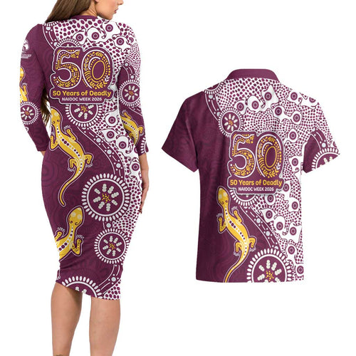 Manly Warringah Sea Eagles NAIDOC Week 2026 Couples Matching Long Sleeve Bodycon Dress and Hawaiian Shirt Aboriginal Lizard Dot Painting - 50 Years of Deadly