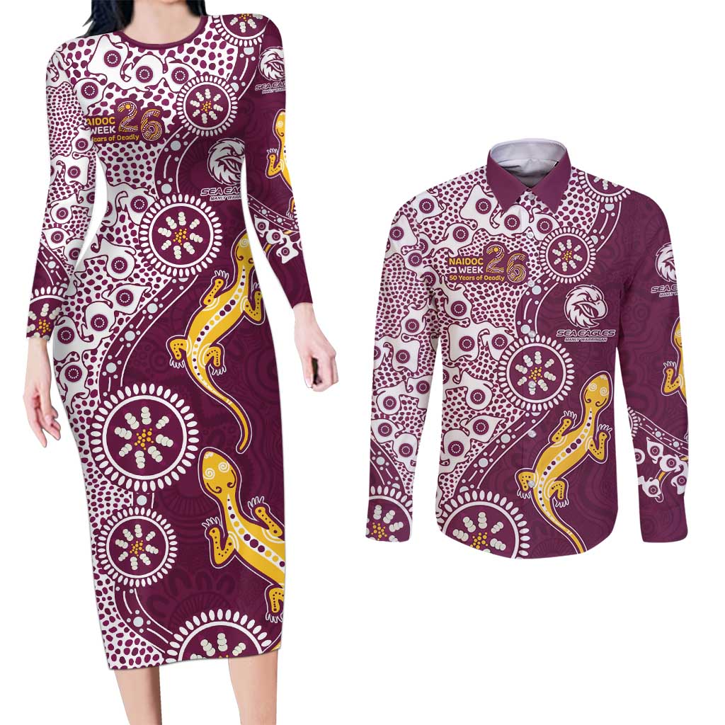Manly Warringah Sea Eagles NAIDOC Week 2026 Couples Matching Long Sleeve Bodycon Dress and Long Sleeve Button Shirt Aboriginal Lizard Dot Painting - 50 Years of Deadly