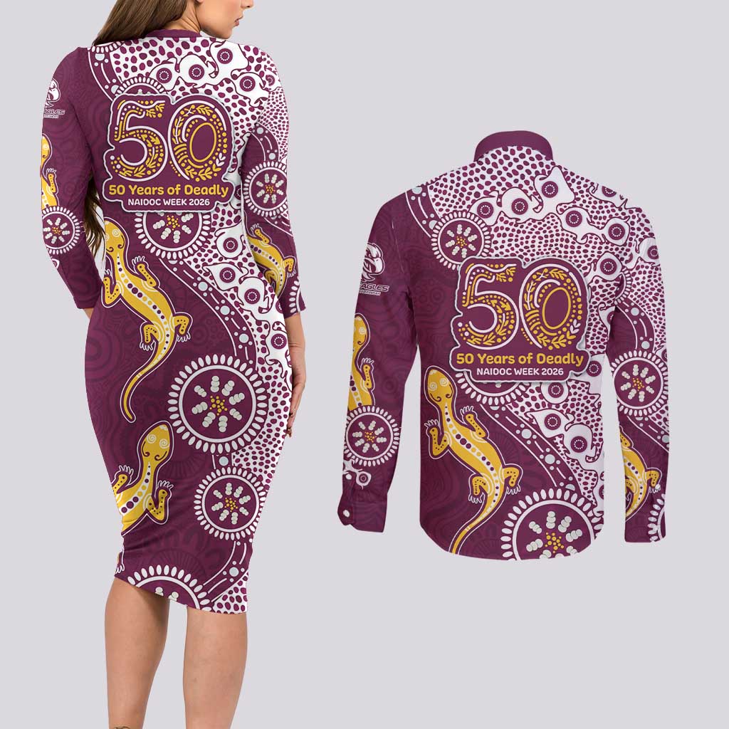 Manly Warringah Sea Eagles NAIDOC Week 2026 Couples Matching Long Sleeve Bodycon Dress and Long Sleeve Button Shirt Aboriginal Lizard Dot Painting - 50 Years of Deadly