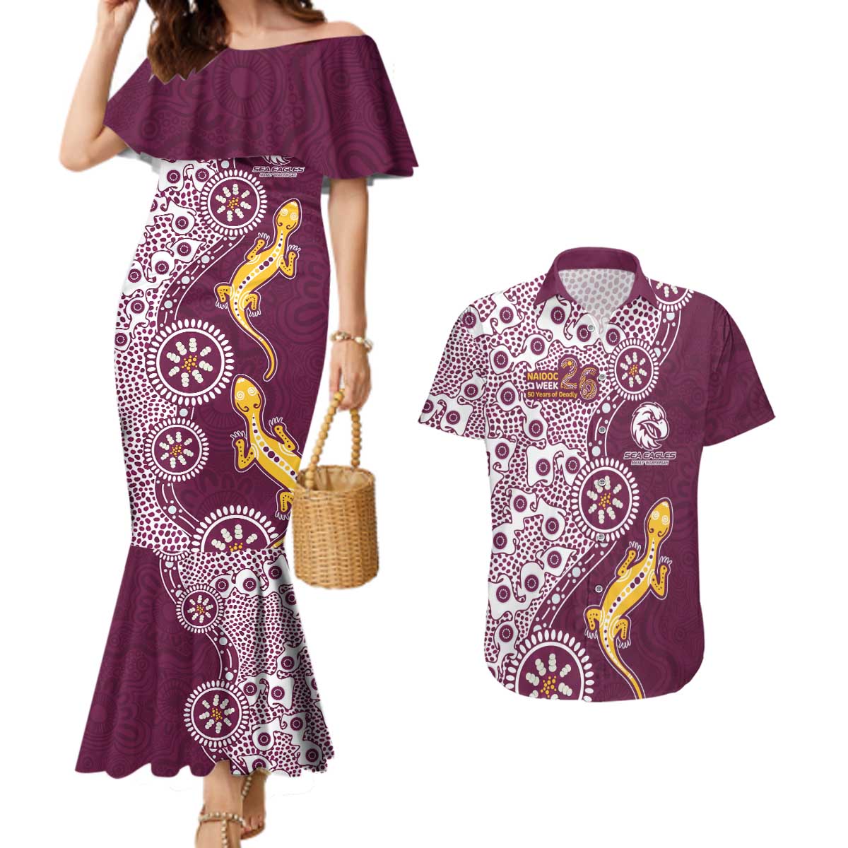 Manly Warringah Sea Eagles NAIDOC Week 2026 Couples Matching Mermaid Dress and Hawaiian Shirt Aboriginal Lizard Dot Painting - 50 Years of Deadly