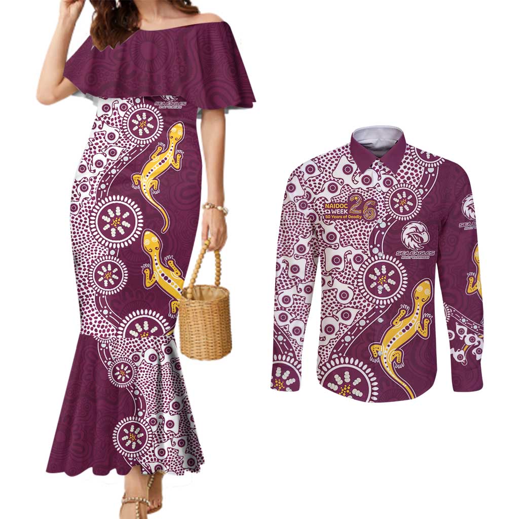 Manly Warringah Sea Eagles NAIDOC Week 2026 Couples Matching Mermaid Dress and Long Sleeve Button Shirt Aboriginal Lizard Dot Painting - 50 Years of Deadly