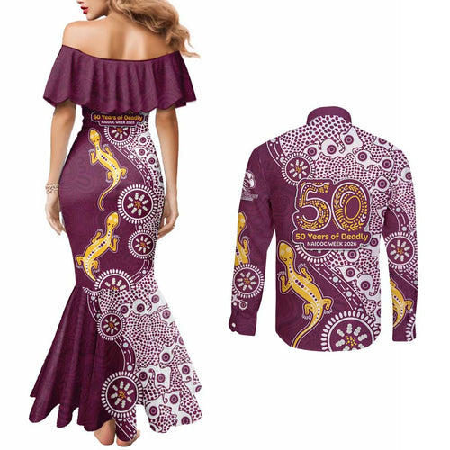 Manly Warringah Sea Eagles NAIDOC Week 2026 Couples Matching Mermaid Dress and Long Sleeve Button Shirt Aboriginal Lizard Dot Painting - 50 Years of Deadly
