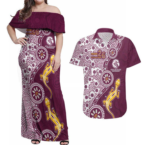 Manly Warringah Sea Eagles NAIDOC Week 2026 Couples Matching Off Shoulder Maxi Dress and Hawaiian Shirt Aboriginal Lizard Dot Painting - 50 Years of Deadly