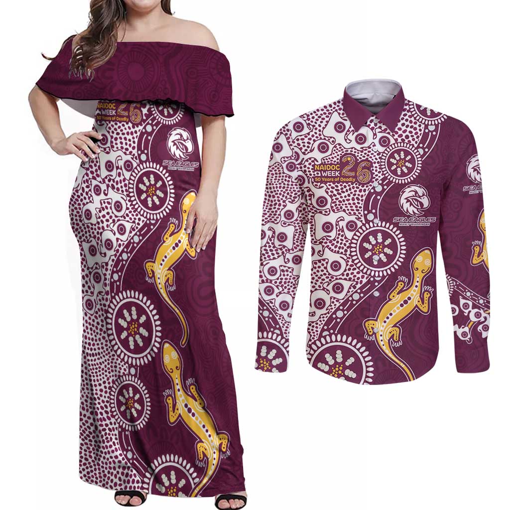 Manly Warringah Sea Eagles NAIDOC Week 2026 Couples Matching Off Shoulder Maxi Dress and Long Sleeve Button Shirt Aboriginal Lizard Dot Painting - 50 Years of Deadly