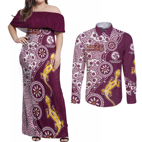 Manly Warringah Sea Eagles NAIDOC Week 2026 Couples Matching Off Shoulder Maxi Dress and Long Sleeve Button Shirt Aboriginal Lizard Dot Painting - 50 Years of Deadly