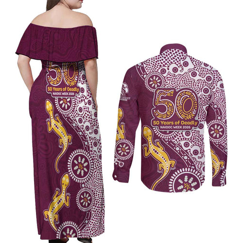 Manly Warringah Sea Eagles NAIDOC Week 2026 Couples Matching Off Shoulder Maxi Dress and Long Sleeve Button Shirt Aboriginal Lizard Dot Painting - 50 Years of Deadly