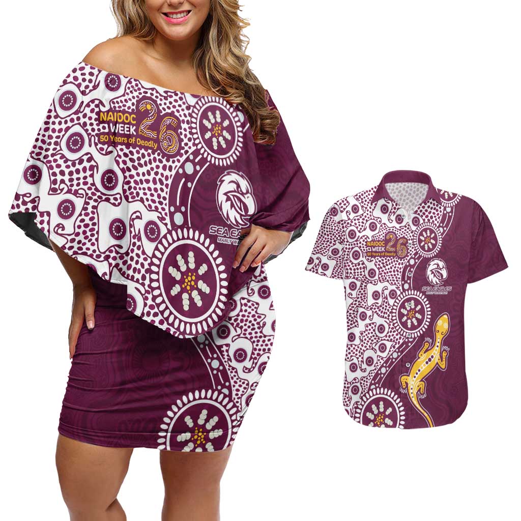 Manly Warringah Sea Eagles NAIDOC Week 2026 Couples Matching Off Shoulder Short Dress and Hawaiian Shirt Aboriginal Lizard Dot Painting - 50 Years of Deadly
