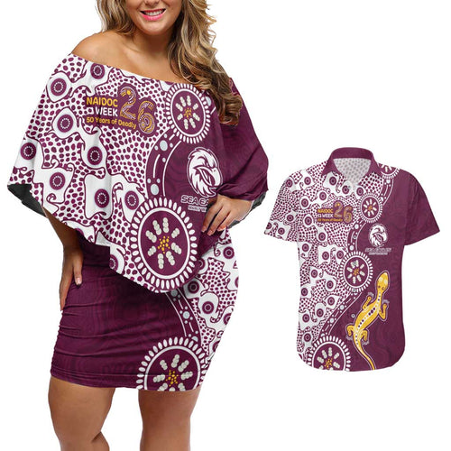 Manly Warringah Sea Eagles NAIDOC Week 2026 Couples Matching Off Shoulder Short Dress and Hawaiian Shirt Aboriginal Lizard Dot Painting - 50 Years of Deadly