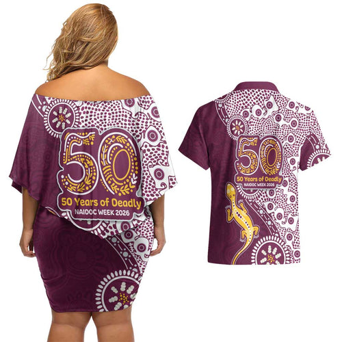 Manly Warringah Sea Eagles NAIDOC Week 2026 Couples Matching Off Shoulder Short Dress and Hawaiian Shirt Aboriginal Lizard Dot Painting - 50 Years of Deadly