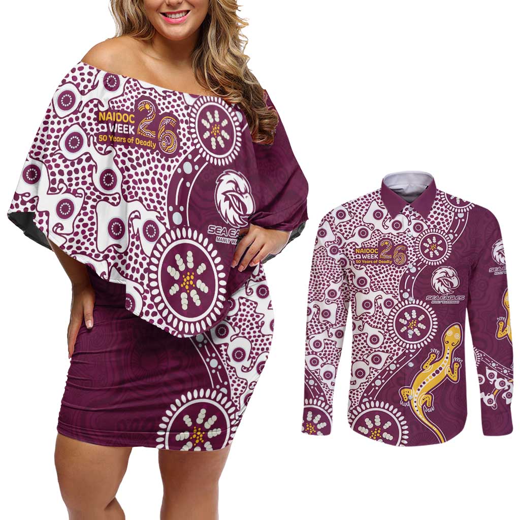 Manly Warringah Sea Eagles NAIDOC Week 2026 Couples Matching Off Shoulder Short Dress and Long Sleeve Button Shirt Aboriginal Lizard Dot Painting - 50 Years of Deadly