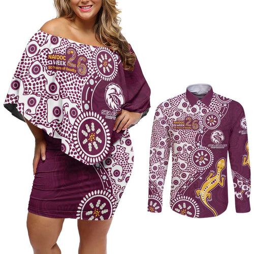 Manly Warringah Sea Eagles NAIDOC Week 2026 Couples Matching Off Shoulder Short Dress and Long Sleeve Button Shirt Aboriginal Lizard Dot Painting - 50 Years of Deadly
