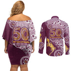 Manly Warringah Sea Eagles NAIDOC Week 2026 Couples Matching Off Shoulder Short Dress and Long Sleeve Button Shirt Aboriginal Lizard Dot Painting - 50 Years of Deadly