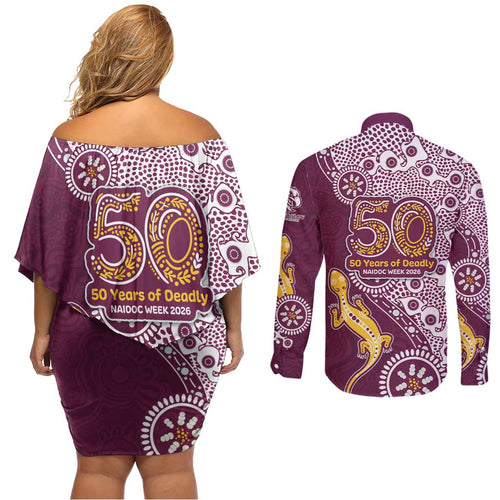 Manly Warringah Sea Eagles NAIDOC Week 2026 Couples Matching Off Shoulder Short Dress and Long Sleeve Button Shirt Aboriginal Lizard Dot Painting - 50 Years of Deadly