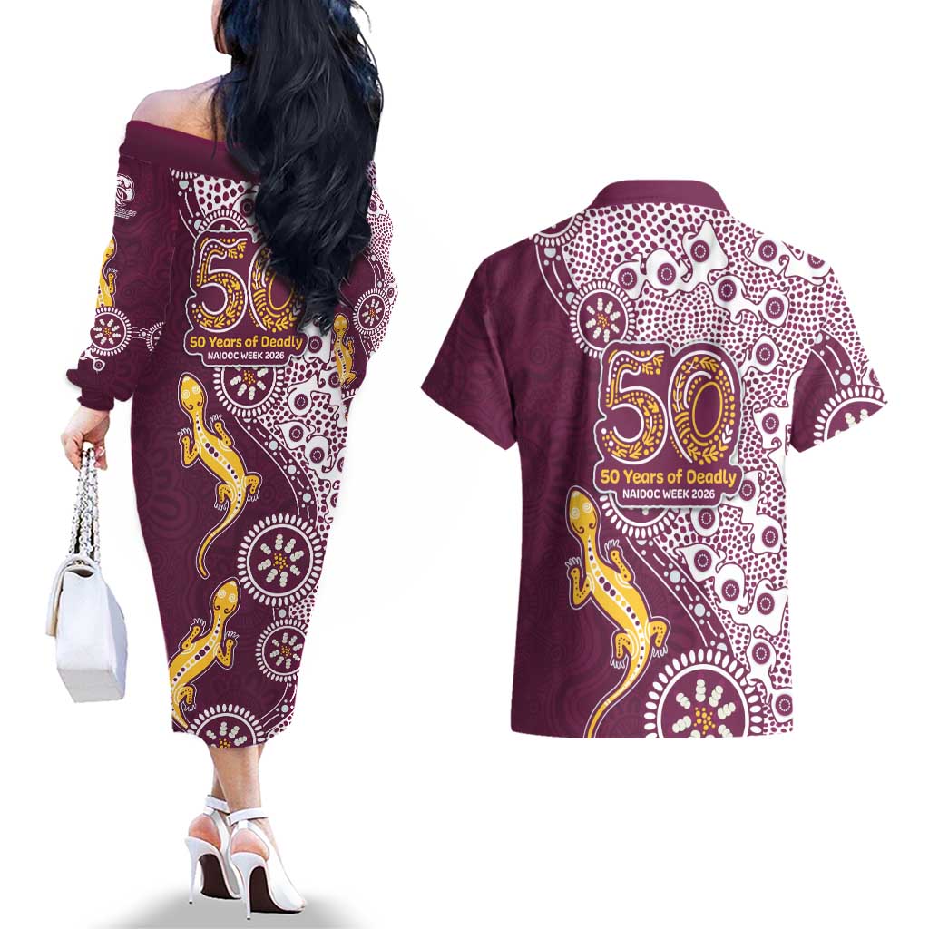 Manly Warringah Sea Eagles NAIDOC Week 2026 Couples Matching Off The Shoulder Long Sleeve Dress and Hawaiian Shirt Aboriginal Lizard Dot Painting - 50 Years of Deadly