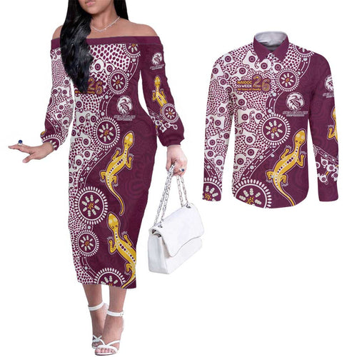 Manly Warringah Sea Eagles NAIDOC Week 2026 Couples Matching Off The Shoulder Long Sleeve Dress and Long Sleeve Button Shirt Aboriginal Lizard Dot Painting - 50 Years of Deadly