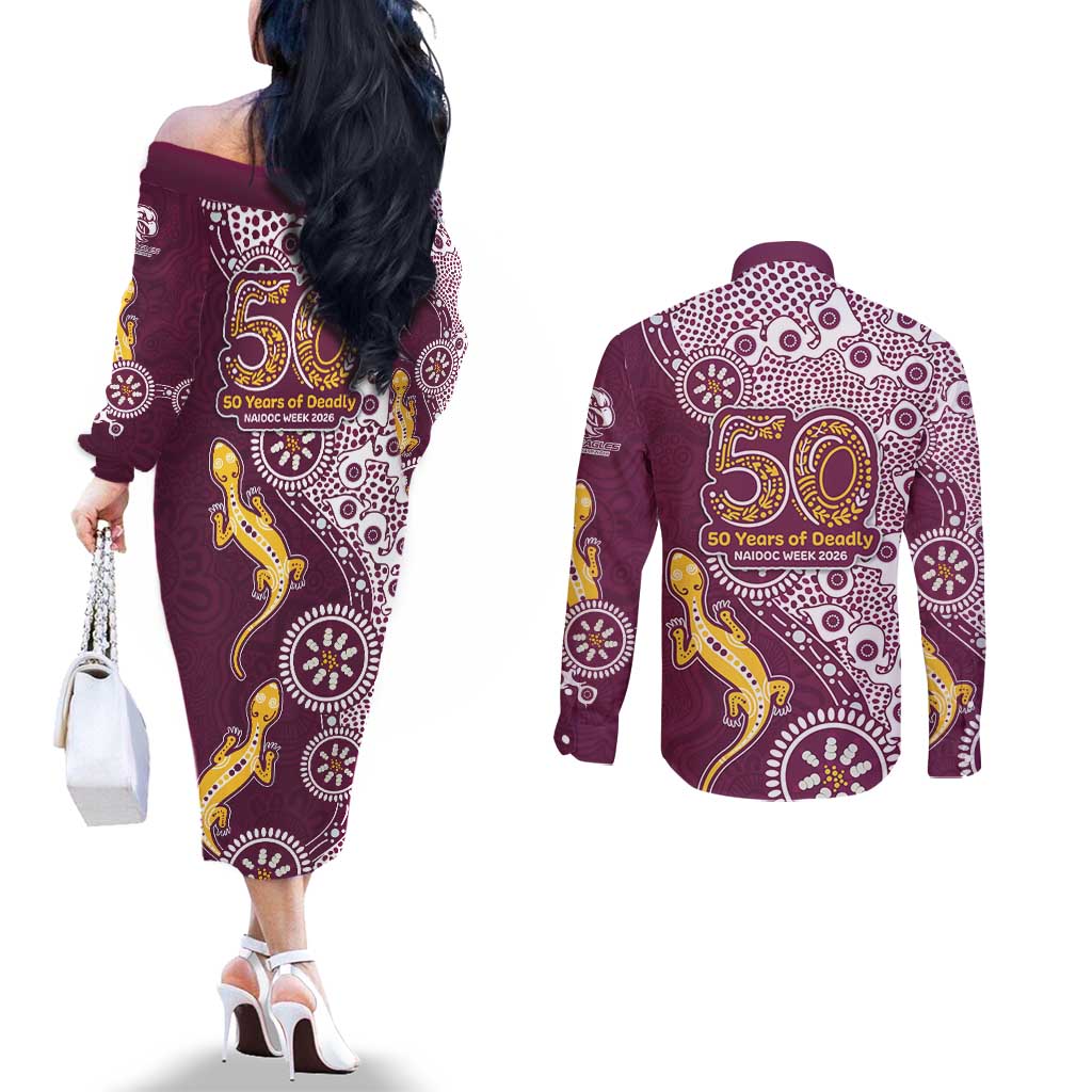 Manly Warringah Sea Eagles NAIDOC Week 2026 Couples Matching Off The Shoulder Long Sleeve Dress and Long Sleeve Button Shirt Aboriginal Lizard Dot Painting - 50 Years of Deadly