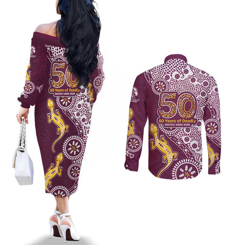 Manly Warringah Sea Eagles NAIDOC Week 2026 Couples Matching Off The Shoulder Long Sleeve Dress and Long Sleeve Button Shirt Aboriginal Lizard Dot Painting - 50 Years of Deadly