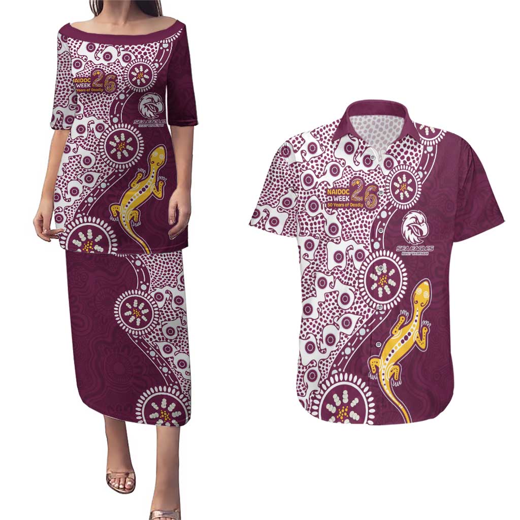 Manly Warringah Sea Eagles NAIDOC Week 2026 Couples Matching Puletasi and Hawaiian Shirt Aboriginal Lizard Dot Painting - 50 Years of Deadly