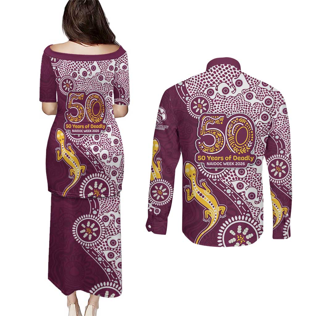 Manly Warringah Sea Eagles NAIDOC Week 2026 Couples Matching Puletasi and Long Sleeve Button Shirt Aboriginal Lizard Dot Painting - 50 Years of Deadly
