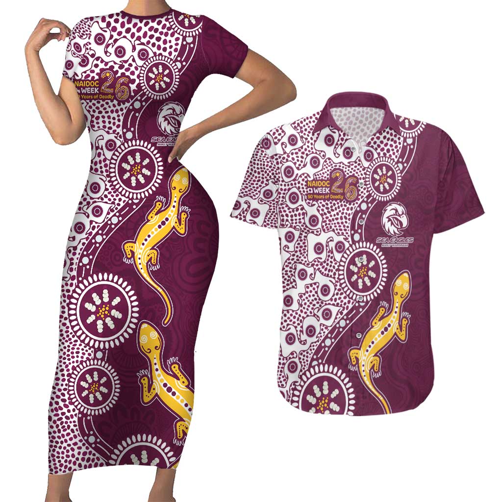 Manly Warringah Sea Eagles NAIDOC Week 2026 Couples Matching Short Sleeve Bodycon Dress and Hawaiian Shirt Aboriginal Lizard Dot Painting - 50 Years of Deadly