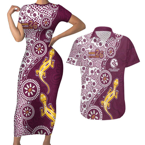 Manly Warringah Sea Eagles NAIDOC Week 2026 Couples Matching Short Sleeve Bodycon Dress and Hawaiian Shirt Aboriginal Lizard Dot Painting - 50 Years of Deadly
