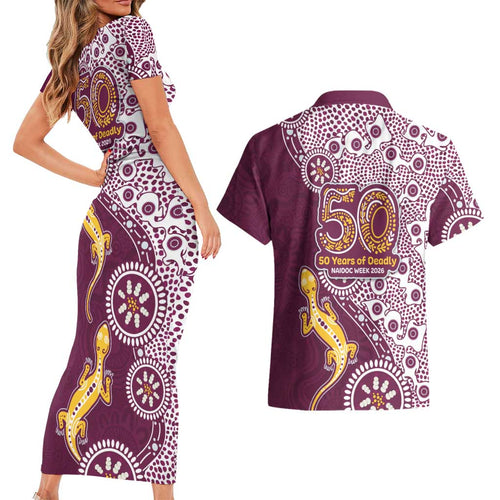 Manly Warringah Sea Eagles NAIDOC Week 2026 Couples Matching Short Sleeve Bodycon Dress and Hawaiian Shirt Aboriginal Lizard Dot Painting - 50 Years of Deadly