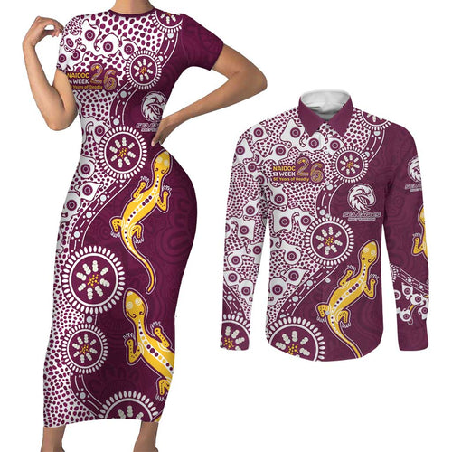 Manly Warringah Sea Eagles NAIDOC Week 2026 Couples Matching Short Sleeve Bodycon Dress and Long Sleeve Button Shirt Aboriginal Lizard Dot Painting - 50 Years of Deadly