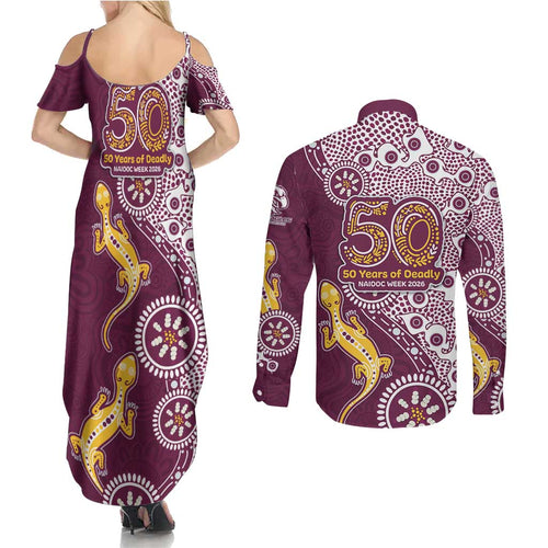 Manly Warringah Sea Eagles NAIDOC Week 2026 Couples Matching Summer Maxi Dress and Long Sleeve Button Shirt Aboriginal Lizard Dot Painting - 50 Years of Deadly