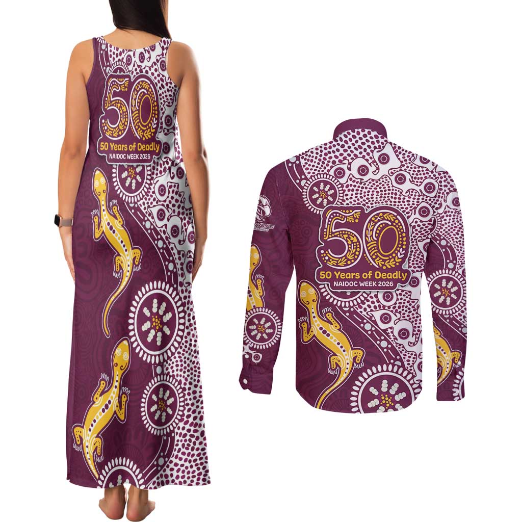 Manly Warringah Sea Eagles NAIDOC Week 2026 Couples Matching Tank Maxi Dress and Long Sleeve Button Shirt Aboriginal Lizard Dot Painting - 50 Years of Deadly