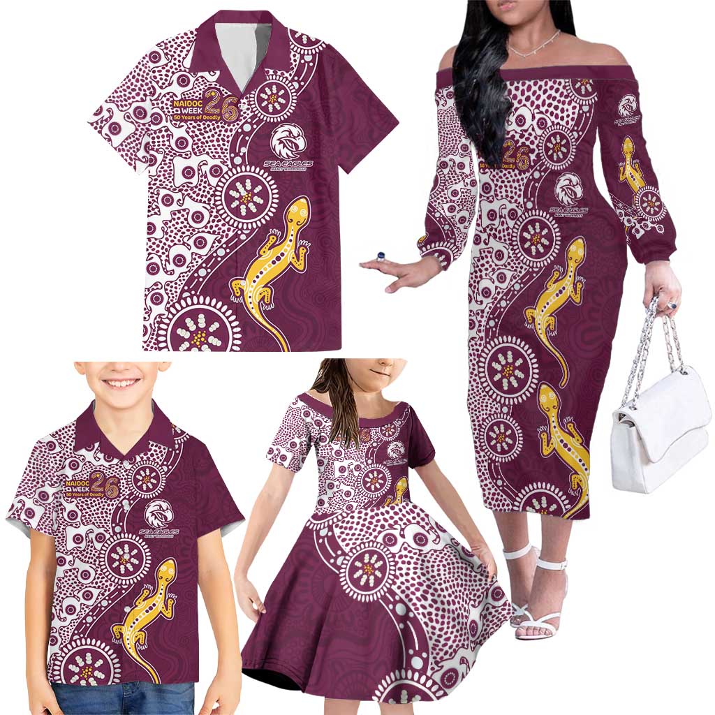 Manly Warringah Sea Eagles NAIDOC Week 2026 Family Matching Off The Shoulder Long Sleeve Dress and Hawaiian Shirt Aboriginal Lizard Dot Painting - 50 Years of Deadly