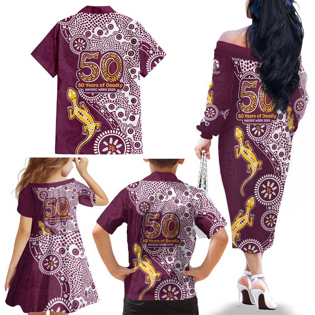 Manly Warringah Sea Eagles NAIDOC Week 2026 Family Matching Off The Shoulder Long Sleeve Dress and Hawaiian Shirt Aboriginal Lizard Dot Painting - 50 Years of Deadly