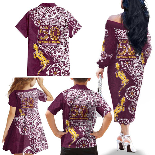 Manly Warringah Sea Eagles NAIDOC Week 2026 Family Matching Off The Shoulder Long Sleeve Dress and Hawaiian Shirt Aboriginal Lizard Dot Painting - 50 Years of Deadly