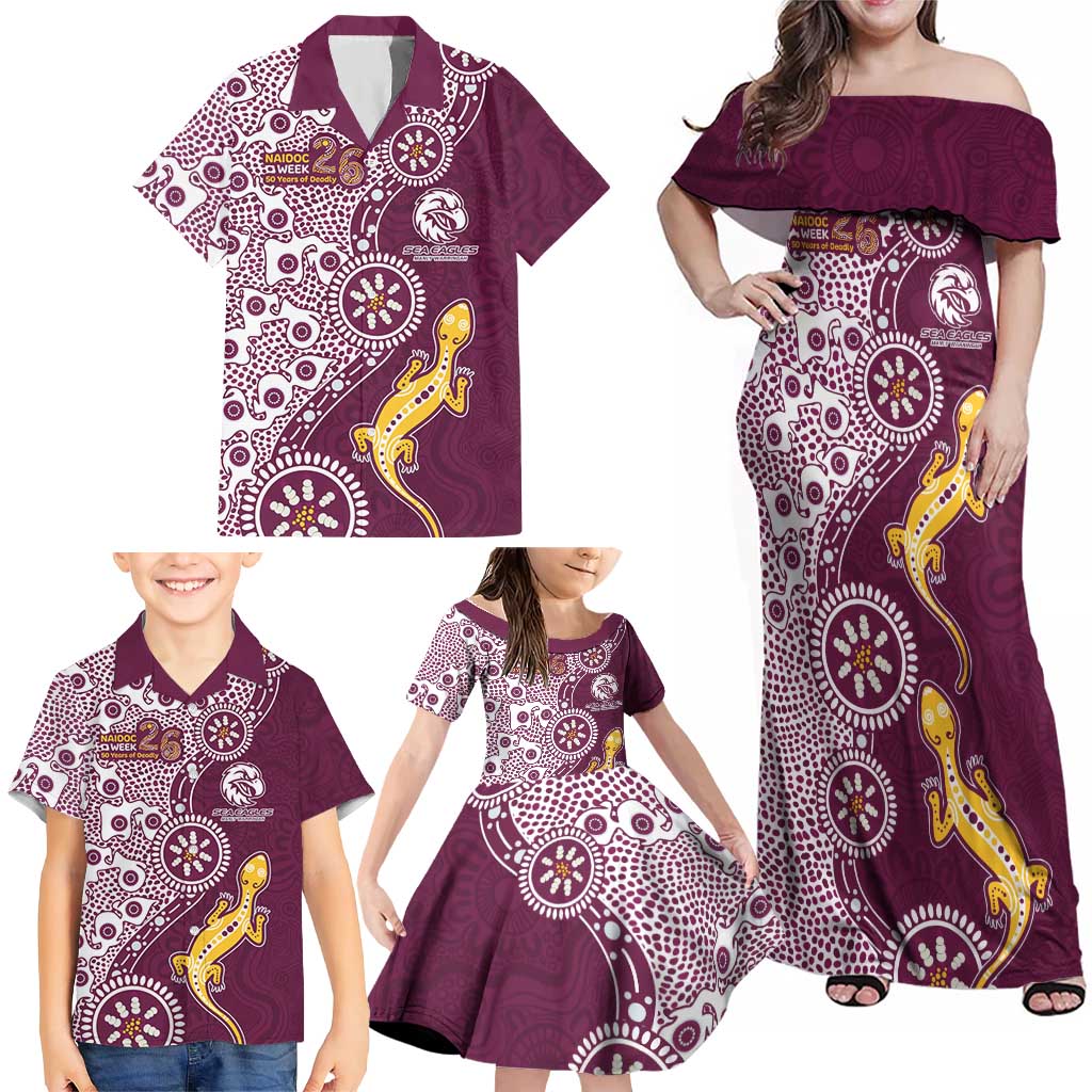 Manly Warringah Sea Eagles NAIDOC Week 2026 Family Matching Off Shoulder Maxi Dress and Hawaiian Shirt Aboriginal Lizard Dot Painting - 50 Years of Deadly