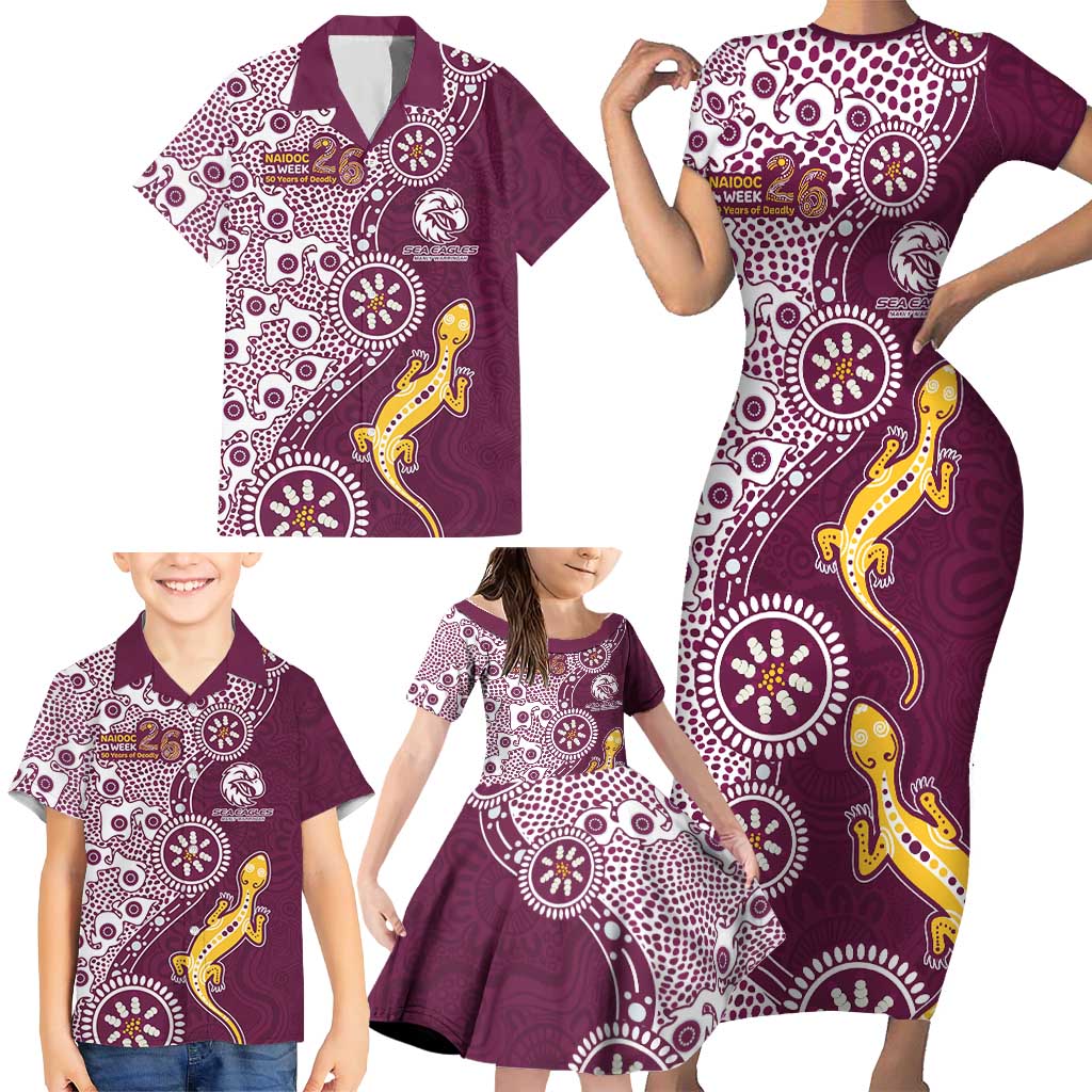 Manly Warringah Sea Eagles NAIDOC Week 2026 Family Matching Short Sleeve Bodycon Dress and Hawaiian Shirt Aboriginal Lizard Dot Painting - 50 Years of Deadly