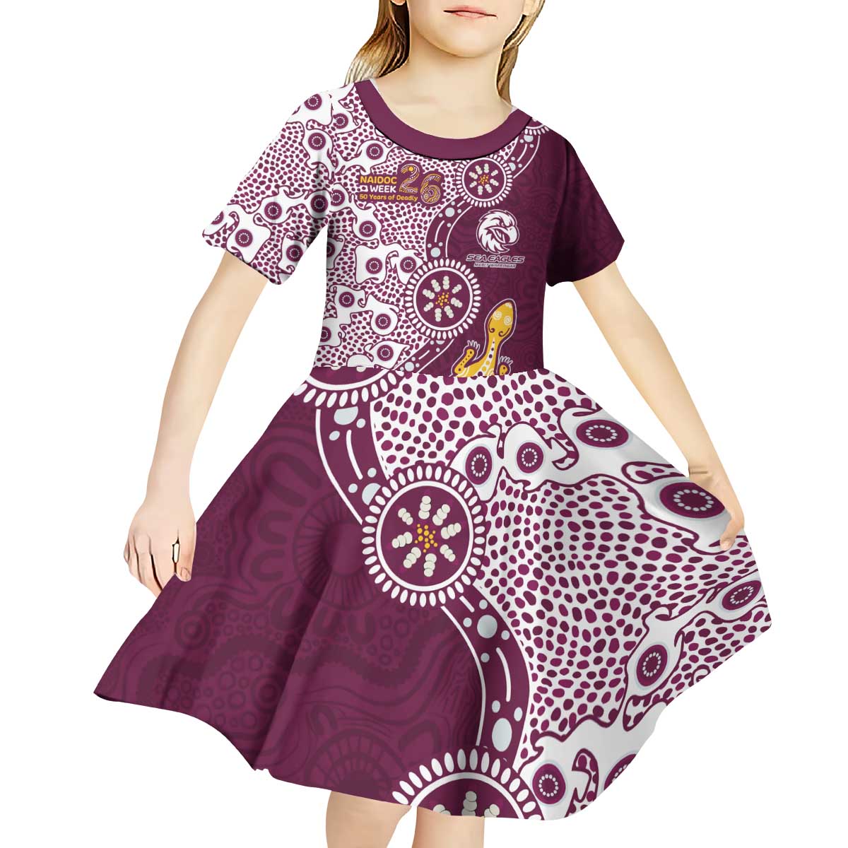 Manly Warringah Sea Eagles NAIDOC Week 2026 Kid Short Sleeve Dress Aboriginal Lizard Dot Painting - 50 Years of Deadly