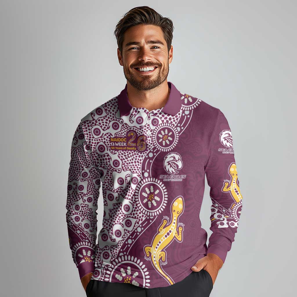 Manly Warringah Sea Eagles NAIDOC Week 2026 Long Sleeve Polo Shirt Aboriginal Lizard Dot Painting - 50 Years of Deadly