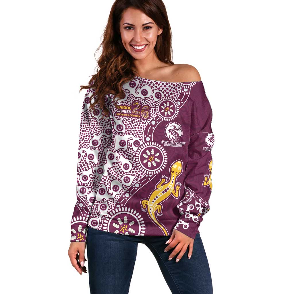 Manly Warringah Sea Eagles NAIDOC Week 2026 Off Shoulder Sweater Aboriginal Lizard Dot Painting - 50 Years of Deadly