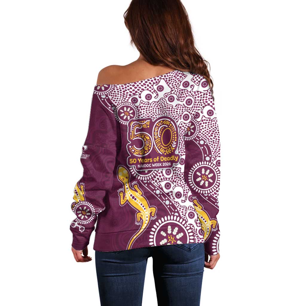 Manly Warringah Sea Eagles NAIDOC Week 2026 Off Shoulder Sweater Aboriginal Lizard Dot Painting - 50 Years of Deadly
