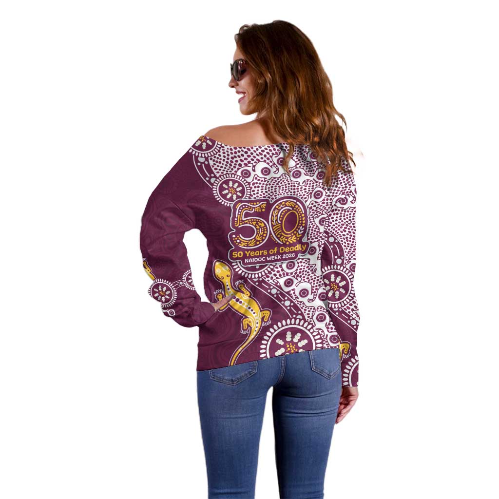 Manly Warringah Sea Eagles NAIDOC Week 2026 Off Shoulder Sweater Aboriginal Lizard Dot Painting - 50 Years of Deadly