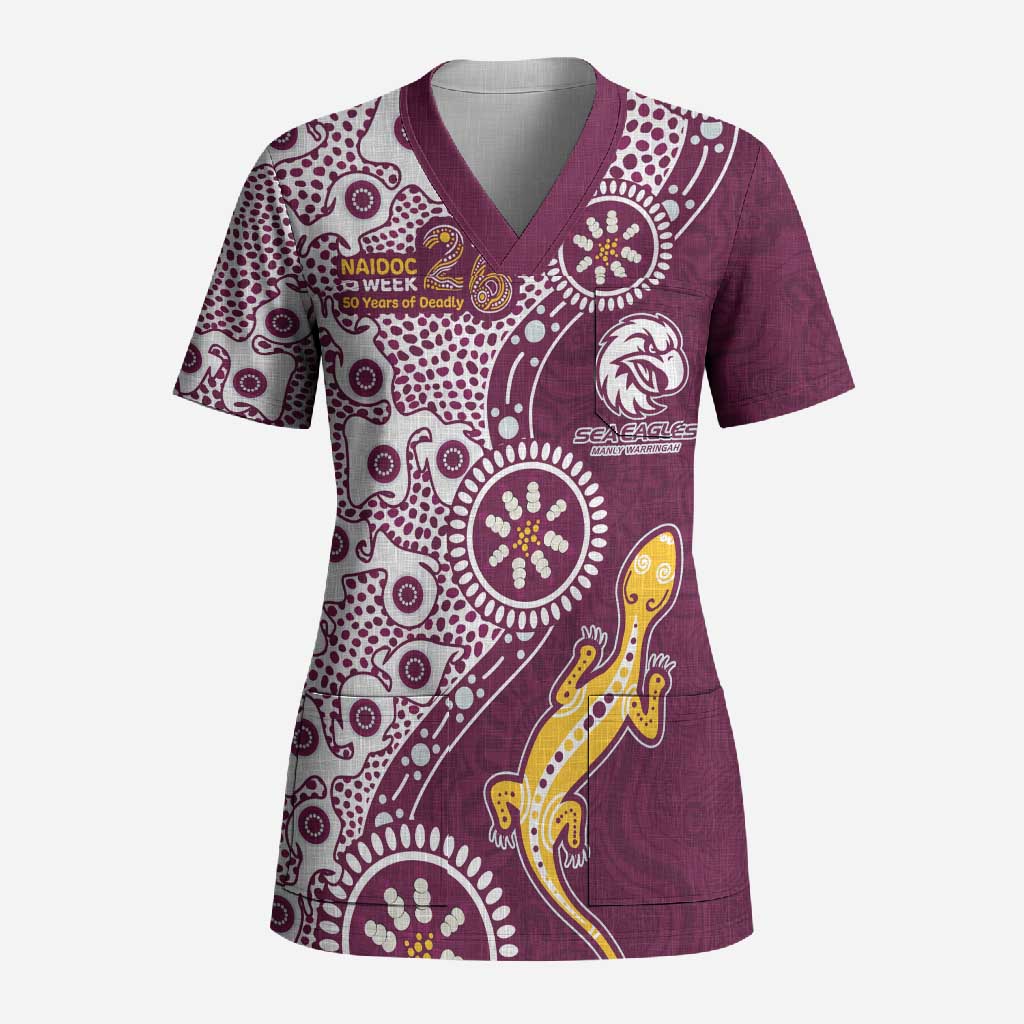 Manly Warringah Sea Eagles NAIDOC Week 2026 Scrub Top Aboriginal Lizard Dot Painting - 50 Years of Deadly