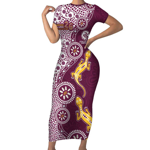 Manly Warringah Sea Eagles NAIDOC Week 2026 Short Sleeve Bodycon Dress Aboriginal Lizard Dot Painting - 50 Years of Deadly