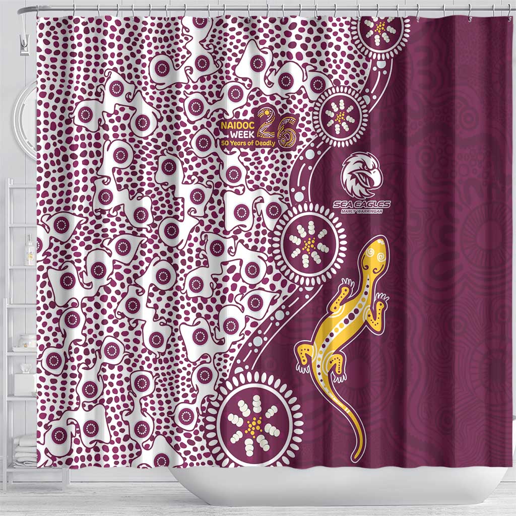 Manly Warringah Sea Eagles NAIDOC Week 2026 Shower Curtain Aboriginal Lizard Dot Painting - 50 Years of Deadly