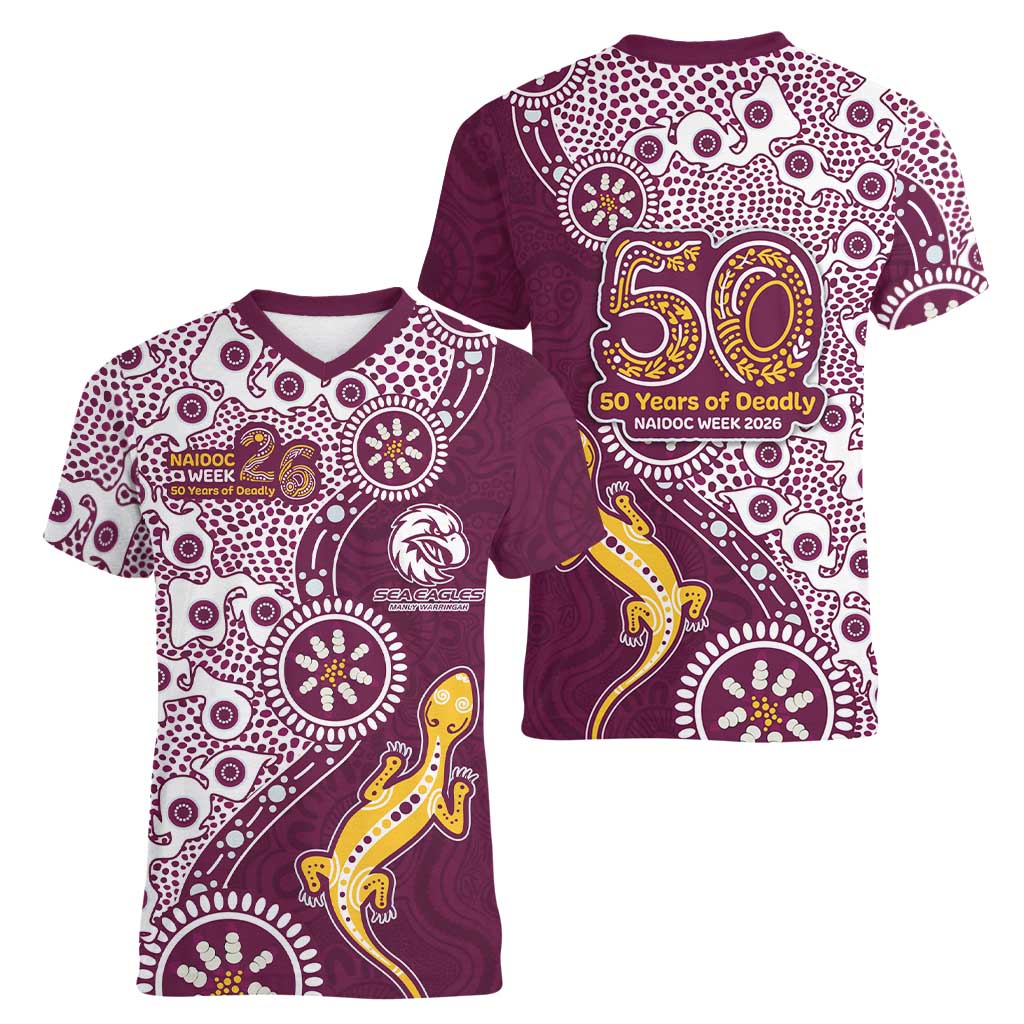 Manly Warringah Sea Eagles NAIDOC Week 2026 Women V-Neck T-Shirt Aboriginal Lizard Dot Painting - 50 Years of Deadly