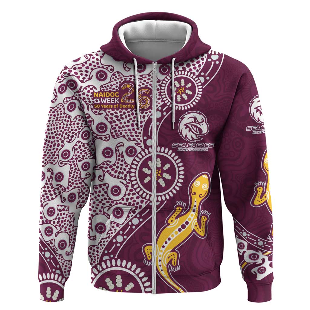 Manly Warringah Sea Eagles NAIDOC Week 2026 Zip Hoodie Aboriginal Lizard Dot Painting - 50 Years of Deadly